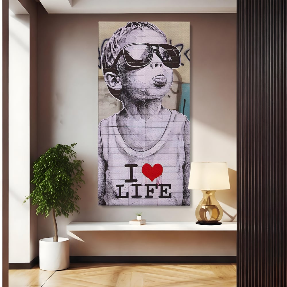 Tablou canvas cu tablou portret copil cu ochelari si inima, fara rama, pe sasiu de lemn